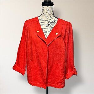 Chico’s 1 M Coral Linen Jacket Roll Tab Sleeve Open Front Pockets Coastal Summer